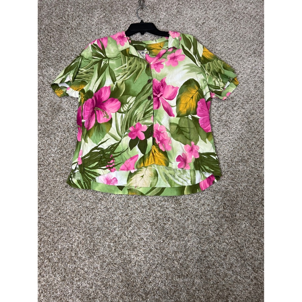 Caribbean Joe Women XL Silk Blend Tropical Floral Camp Shirt Pink Green Top